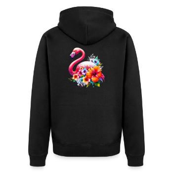 Flamingo verziert mit Hibiskusblüten - Unisex Premium Bio Zip Hoodie - Schwarz - Hinten - Nico (187cm)