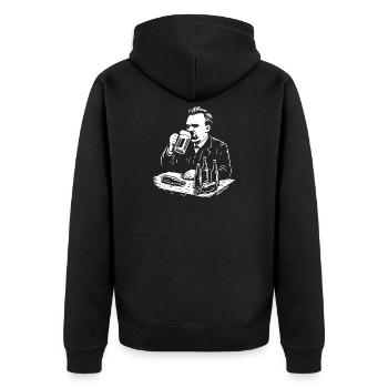 Friedrich Nietzsche trinkt Bier Illustration - Unisex Premium Bio Zip Hoodie - Schwarz - Hinten - Nico (187cm)