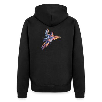 Dynamischer Handball Sprungwurf in Neon Flammen - Unisex Premium Bio Zip Hoodie - Schwarz - Hinten - Nico (187cm)