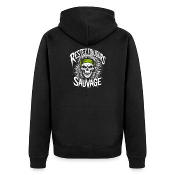 Restez Sauvage Toujours Skull - Unisex Premium Bio Zip Hoodie - Schwarz - Hinten - Nico (187cm)