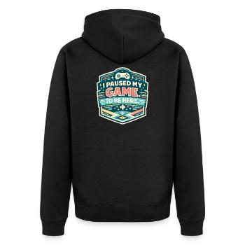 Ich pausierte mein Spiel – hier gelandet - Unisex Premium Bio Zip Hoodie - Schwarz - Hinten - Nico (187cm)