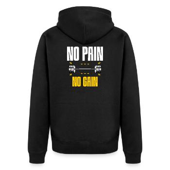 No Pain No Gain – Gym Motivation - Unisex Premium Bio Zip Hoodie - Schwarz - Hinten - Nico (187cm)