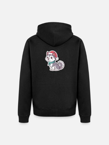 Festlicher Husky mit rotem Hut - Unisex Premium Bio Zip Hoodie - Schwarz