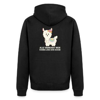 Alle verrückt hier, komm Lama wir gehen - Unisex Premium Bio Zip Hoodie - Schwarz - Hinten - Nico (187cm)