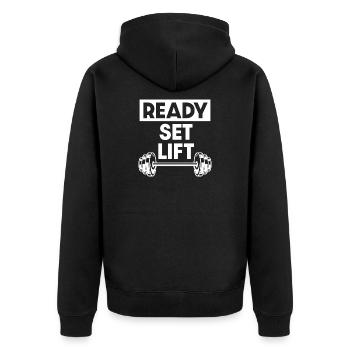 Ready Set Lift - Unisex Premium Bio Zip Hoodie - Schwarz - Hinten - Nico (187cm)