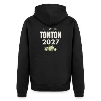 Tonton 2027 — Blumentypografie - Unisex Premium Bio Zip Hoodie - Schwarz - Hinten - Nico (187cm)