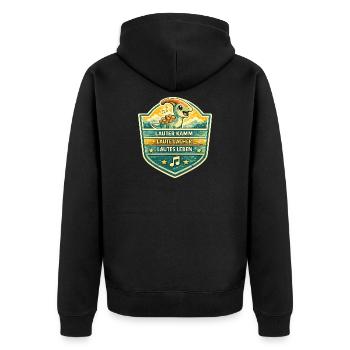 Dino Badge Lautes Leben - Unisex Premium Bio Zip Hoodie - Schwarz - Hinten - Nico (187cm)