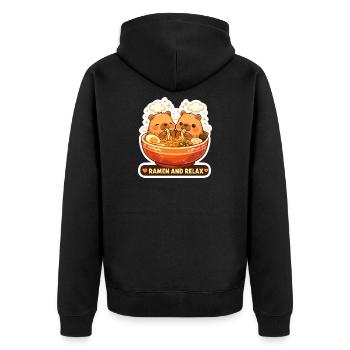 Capybara Ramen & Relax Sticker - Unisex Premium Bio Zip Hoodie - Schwarz - Hinten - Nico (187cm)