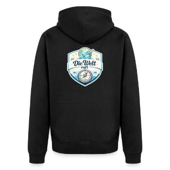Die Welt ruft Reisepatch - Unisex Premium Bio Zip Hoodie - Schwarz - Hinten - Nico (187cm)