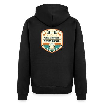 Heute schwitzen, Morgen glänzen - Unisex Premium Bio Zip Hoodie - Schwarz - Hinten - Nico (187cm)