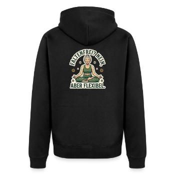 Yoga Senioren - Faltenfrei Nein Aber Flexibel - Unisex Premium Bio Zip Hoodie - Schwarz - Hinten - Nico (187cm)