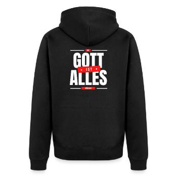 Bei Gott ist alles möglich - Unisex Premium Bio Zip Hoodie - Schwarz - Hinten - Nico (187cm)