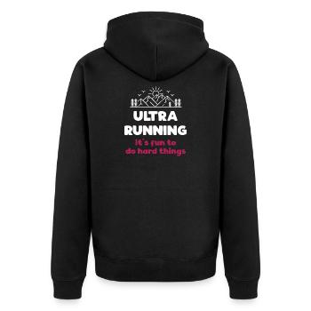 Ultra Running – Schwierige Dinge machen Spaß - Unisex Premium Bio Zip Hoodie - Schwarz - Hinten - Nico (187cm)