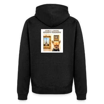 Nur schauen, nicht anfassen - Just Look Dont Touch - Unisex Premium Bio Zip Hoodie - Schwarz - Hinten - Nico (187cm)