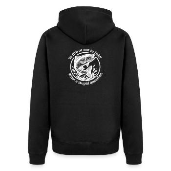 Funny fish motif with question - Unisex Premium Organic Zip Hoodie - black - Back - Nico (187cm)