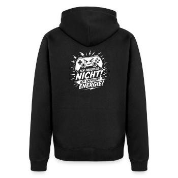 Ich pausiere nicht ich speichere Energie - Unisex Premium Bio Zip Hoodie - Schwarz - Hinten - Nico (187cm)