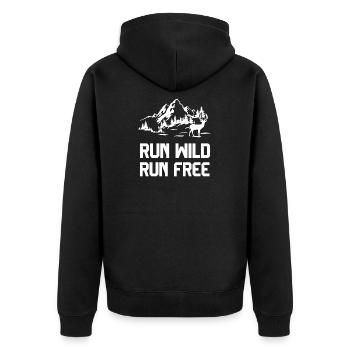 Trailrunning - Lauf wild, lauf frei - Unisex Premium Bio Zip Hoodie - Schwarz - Hinten - Nico (187cm)