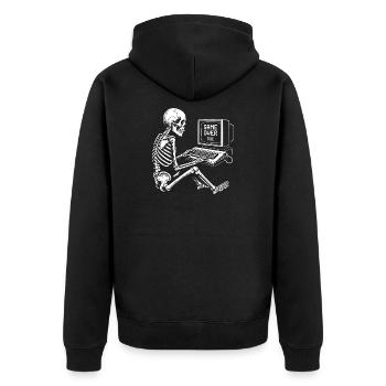 Skeleton Gamer an der Konsole - Unisex Premium Bio Zip Hoodie - Schwarz - Hinten - Nico (187cm)