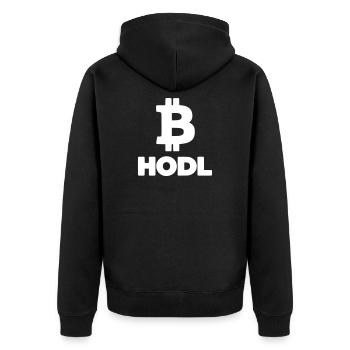 Bitcoin HODL Logo Schriftzug Krypto - Unisex Premium Bio Zip Hoodie - Schwarz - Hinten - Nico (187cm)