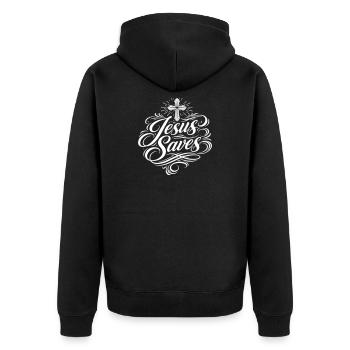 Jesus Saves Christlicher Spruch - Unisex Premium Bio Zip Hoodie - Schwarz - Hinten - Nico (187cm)
