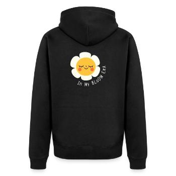 In My Bloom Era – Flat Cartoon Blumen Spruch - Unisex Premium Bio Zip Hoodie - Schwarz - Hinten - Nico (187cm)