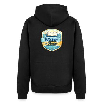Wissen ist Macht Badge - Unisex Premium Bio Zip Hoodie - Schwarz - Hinten - Nico (187cm)