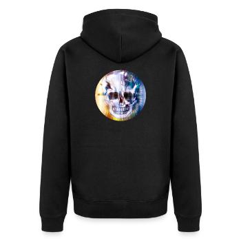 extravaganter Totenkopf in bunt schimmernder Farbe - Unisex Premium Bio Zip Hoodie - Schwarz - Hinten - Nico (187cm)
