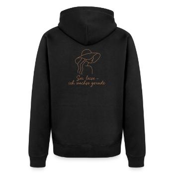 Leise wachsend: Frau mit Hut - Unisex Premium Bio Zip Hoodie - Schwarz - Hinten - Nico (187cm)