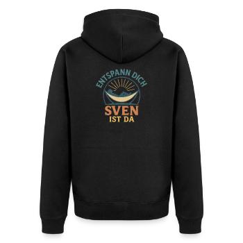 Entspann dich – Sven ist da - Unisex Premium Bio Zip Hoodie - Schwarz - Hinten - Nico (187cm)