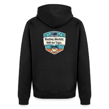 Meeting Überlebt – Held Des Tages Badge - Unisex Premium Bio Zip Hoodie - Schwarz - Hinten - Nico (187cm)