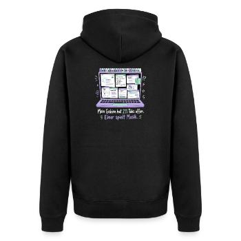 211 Tabs offen — einer spielt Musik - Unisex Premium Bio Zip Hoodie - Schwarz - Hinten - Nico (187cm)