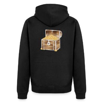 mit Gold Münzen gefüllte Schatztruhe aus Holz - Unisex Premium Bio Zip Hoodie - Schwarz - Hinten - Nico (187cm)