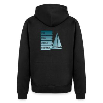 Essen - Segeln - Schlafen - Wiederholen - Unisex Premium Bio Zip Hoodie - Schwarz - Hinten - Nico (187cm)