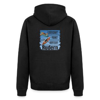 Leidenschaft - Freiheit - Abenteuer - Rudern - Unisex Premium Bio Zip Hoodie - Schwarz - Hinten - Nico (187cm)