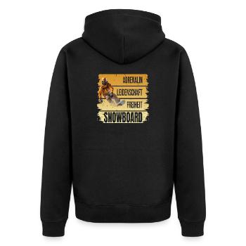 Adrenalin - Leidenschaft - Freiheit - Snowboard - Unisex Premium Bio Zip Hoodie - Schwarz - Hinten - Nico (187cm)