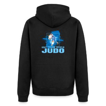 Kraft - Technik - Disziplin - Judo - Unisex Premium Bio Zip Hoodie - Schwarz - Hinten - Nico (187cm)