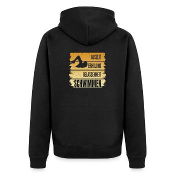 Auszeit - Erholung - Gelassenheit - Schwimmen - Unisex Premium Bio Zip Hoodie - Schwarz - Hinten - Nico (187cm)