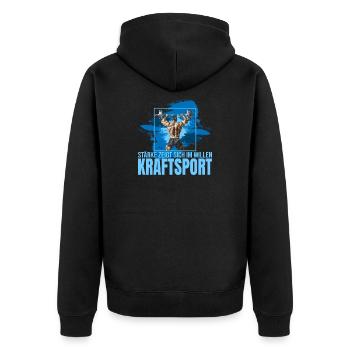 Stärke zeigt sich im Willen - Kraftsport - Unisex Premium Bio Zip Hoodie - Schwarz - Hinten - Nico (187cm)