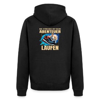 Laufen: Die Strecke ist dein Abenteuer - Unisex Premium Bio Zip Hoodie - Schwarz - Hinten - Nico (187cm)