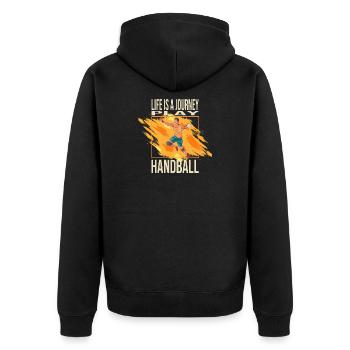 Life is a journey - Play Handball - Unisex Premium Bio Zip Hoodie - Schwarz - Hinten - Nico (187cm)