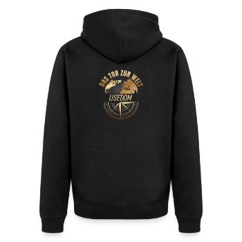 Das Tor zur Welt - Usedom - Unisex Premium Bio Zip Hoodie - Schwarz - Hinten - Nico (187cm)