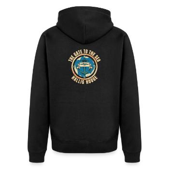 The Gate to the Sea - Hallig Hooge - Unisex Premium Bio Zip Hoodie - Schwarz - Hinten - Nico (187cm)