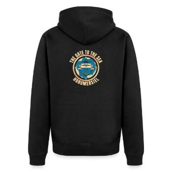 The Gate to the Sea - Horumersiel - Unisex Premium Bio Zip Hoodie - Schwarz - Hinten - Nico (187cm)