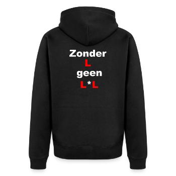 Überraschend minimalistische Typografie - Unisex Premium Bio Zip Hoodie - Schwarz - Hinten - Nico (187cm)