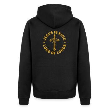 Gebrochener Goldener Kreuz-Design - Unisex Premium Bio Zip Hoodie - Schwarz - Hinten - Nico (187cm)