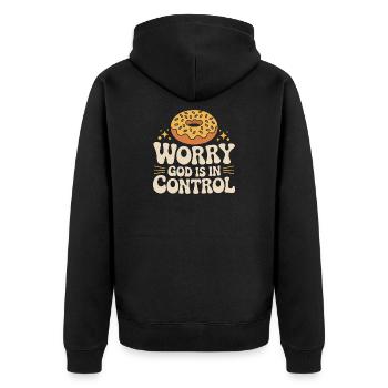 Keine Sorge, Gott hat die Kontrolle - Unisex Premium Bio Zip Hoodie - Schwarz - Hinten - Nico (187cm)