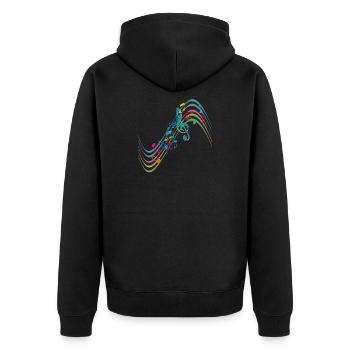 Bunte Symphonie auf schwungvollen Notenlinien - Unisex Premium Bio Zip Hoodie - Schwarz - Hinten - Nico (187cm)