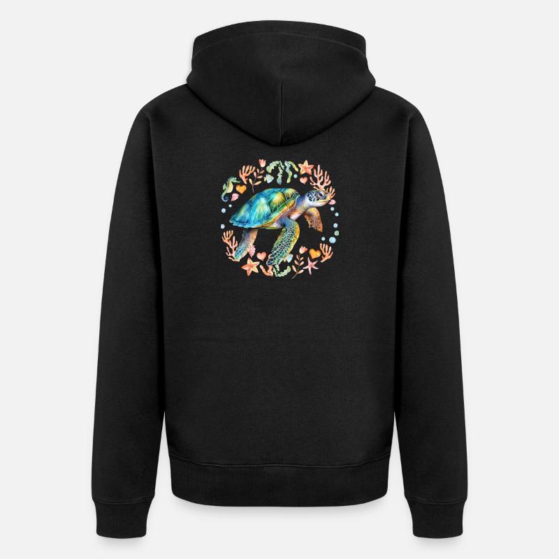 Tortue entourée de créatures marines - Veste à capuche bio Premium Unisexe - noir