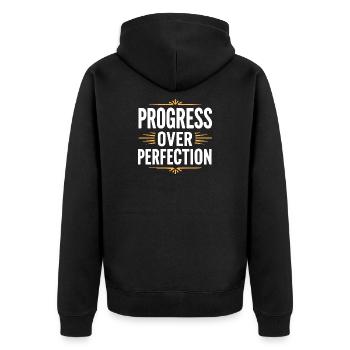 Fortschritt statt Perfektion Zurück zur Schule Leh - Unisex Premium Bio Zip Hoodie - Schwarz - Hinten - Nico (187cm)