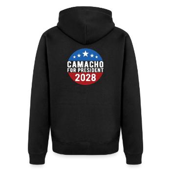 Camacho 2028 Emblem-Parodie Lustig, nicht sicher - Unisex Premium Bio Zip Hoodie - Schwarz - Hinten - Nico (187cm)